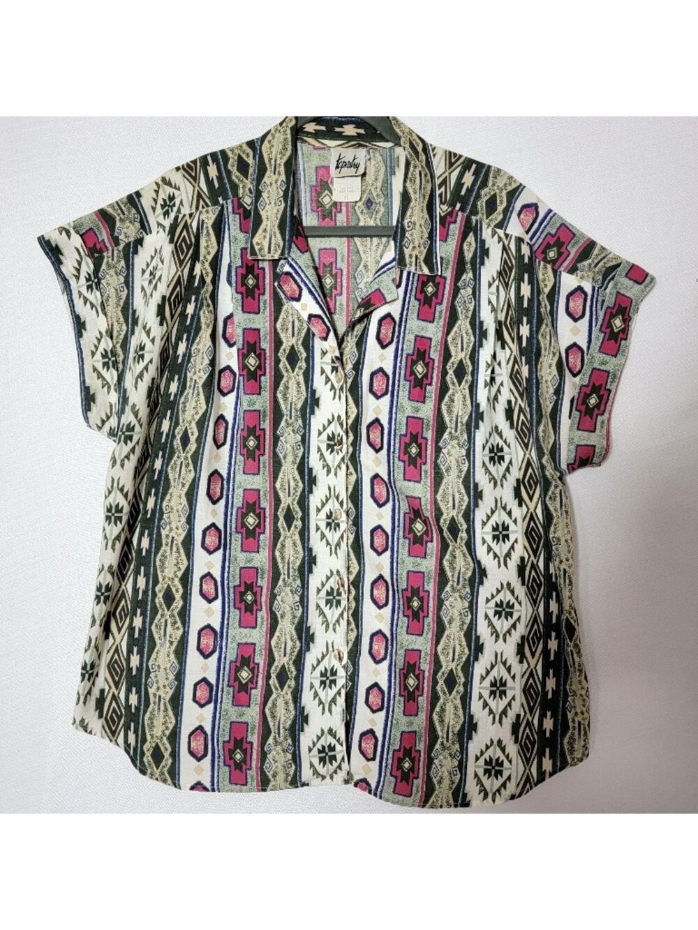 Tapestry Button Down Camp Shirt Womens Sz 20 Aztec Print Vintage USA